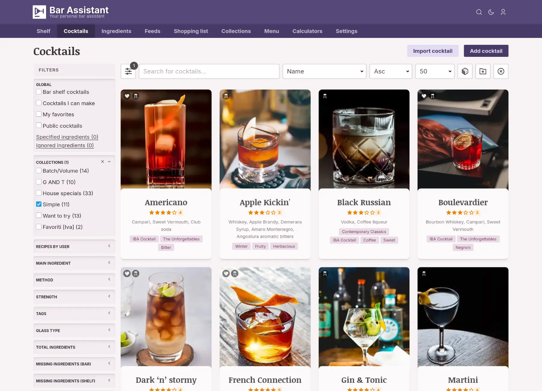 BarAssistant app showing a list of cocktails
